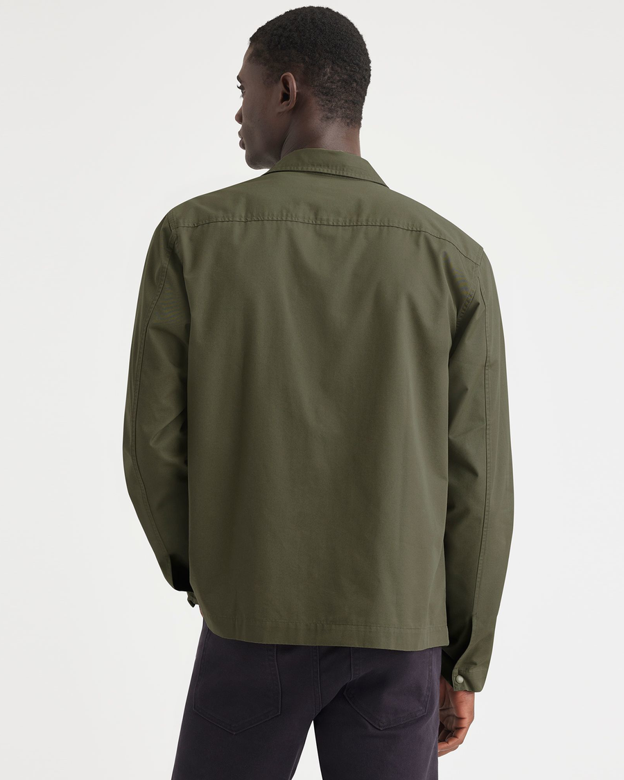 Back view of model wearing Army Green Overshirt, Relaxed Fit.