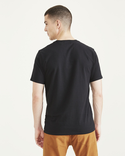 View of model wearing Beautiful Black Crewneck Tee, Slim Fit.