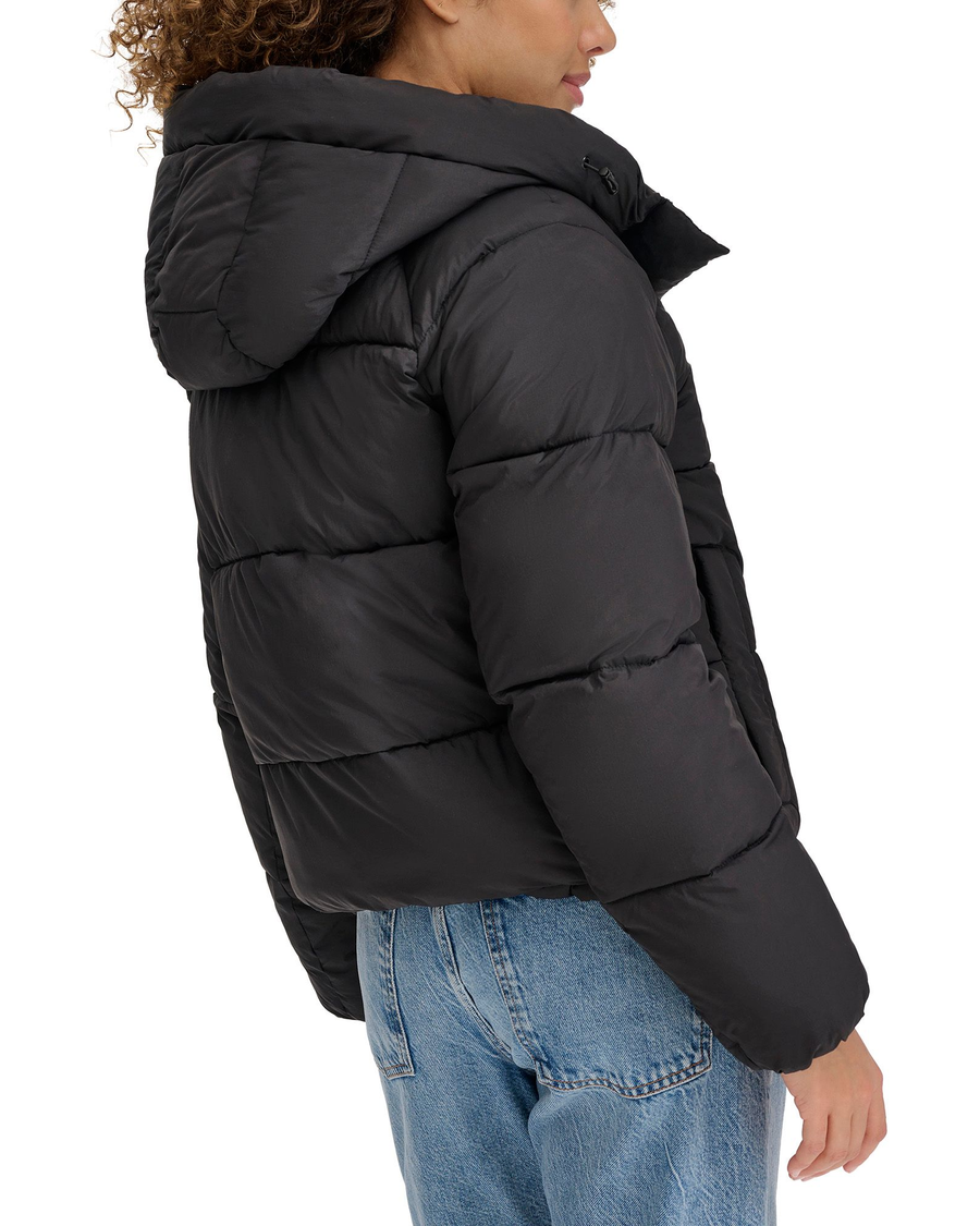 View of model wearing Black Hooded Matte Bubble Puffer Jacket.