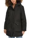 View of model wearing Black Hooded Parka.