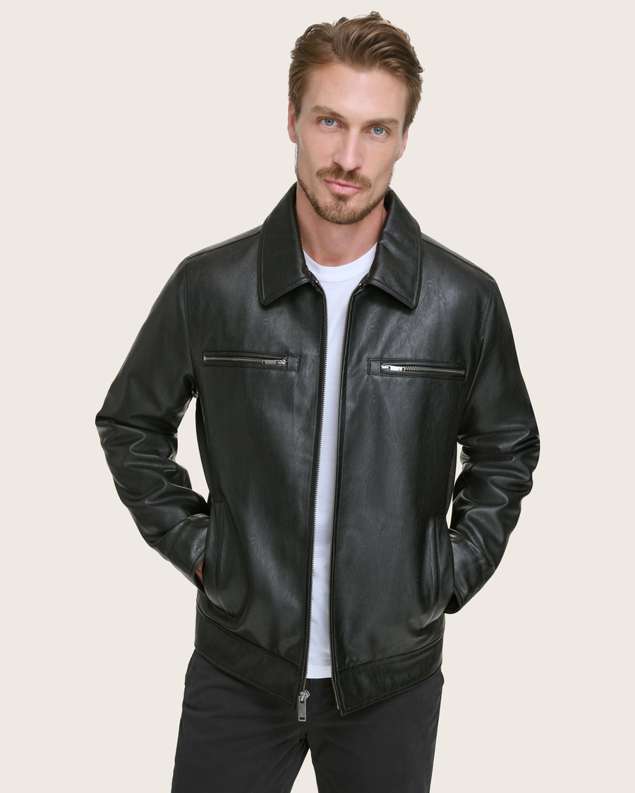 View of model wearing Black James Dean Leather Jacket.