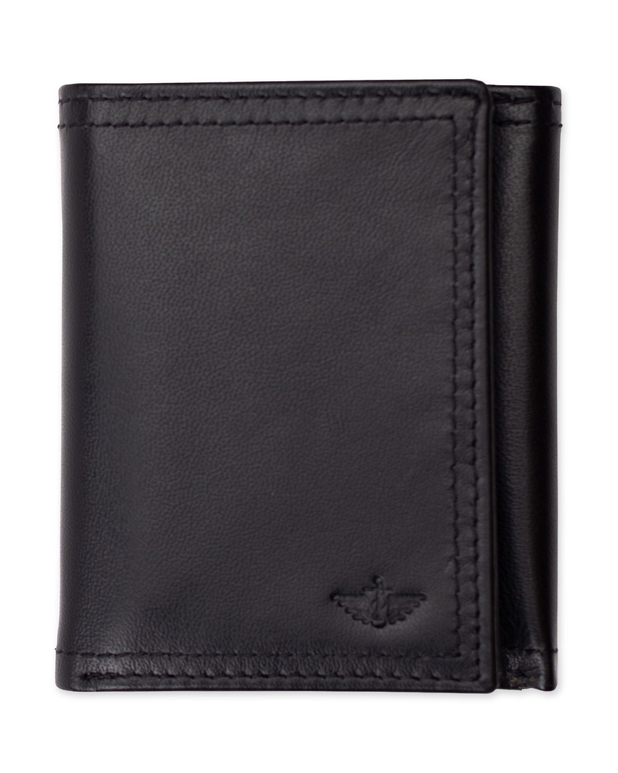 View of  Black Leather RFID X-Cap Trifold Wallet.