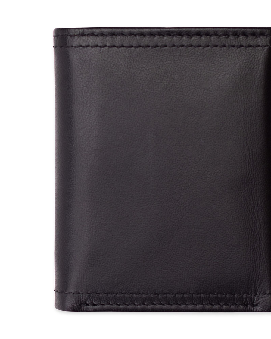 View of  Black Leather RFID X-Cap Trifold Wallet.