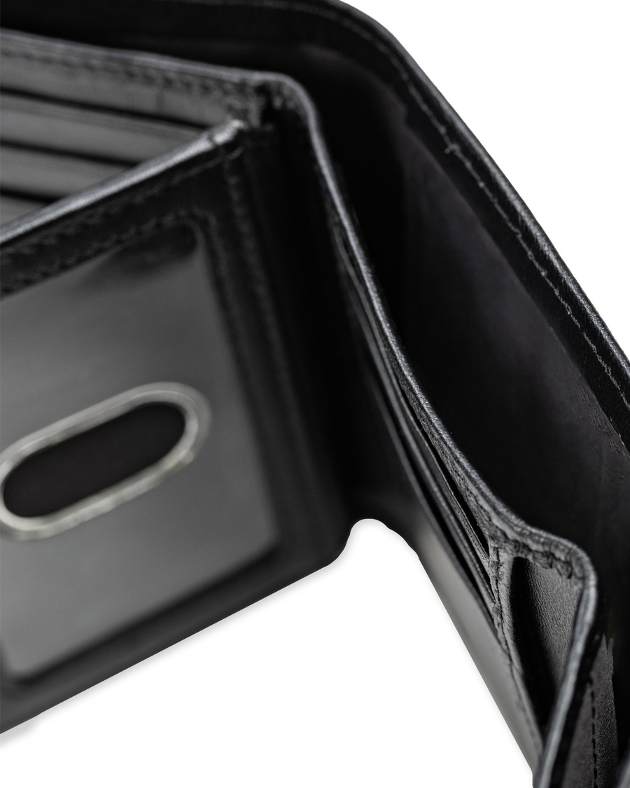 View of  Black Leather RFID X-Cap Trifold Wallet.