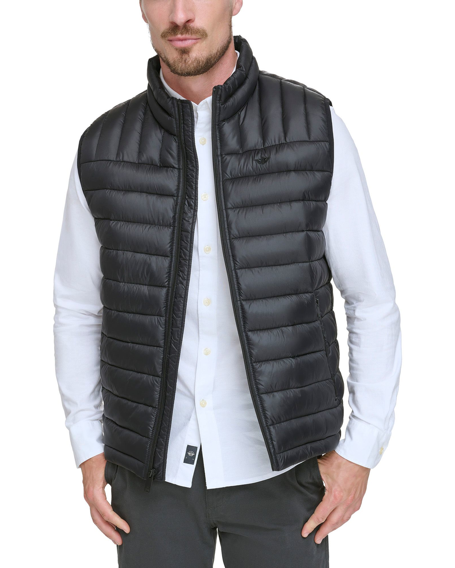 View of model wearing Black Lightweight Nylon Packable Vest.