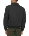 View of model wearing Black Microtwill Relaxed Laydown Collar Bomber.