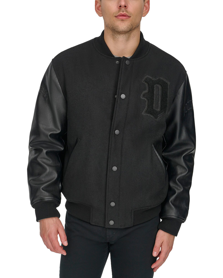 View of model wearing Black Varsity Bomber Jacket.