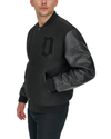 View of model wearing Black Varsity Bomber Jacket.