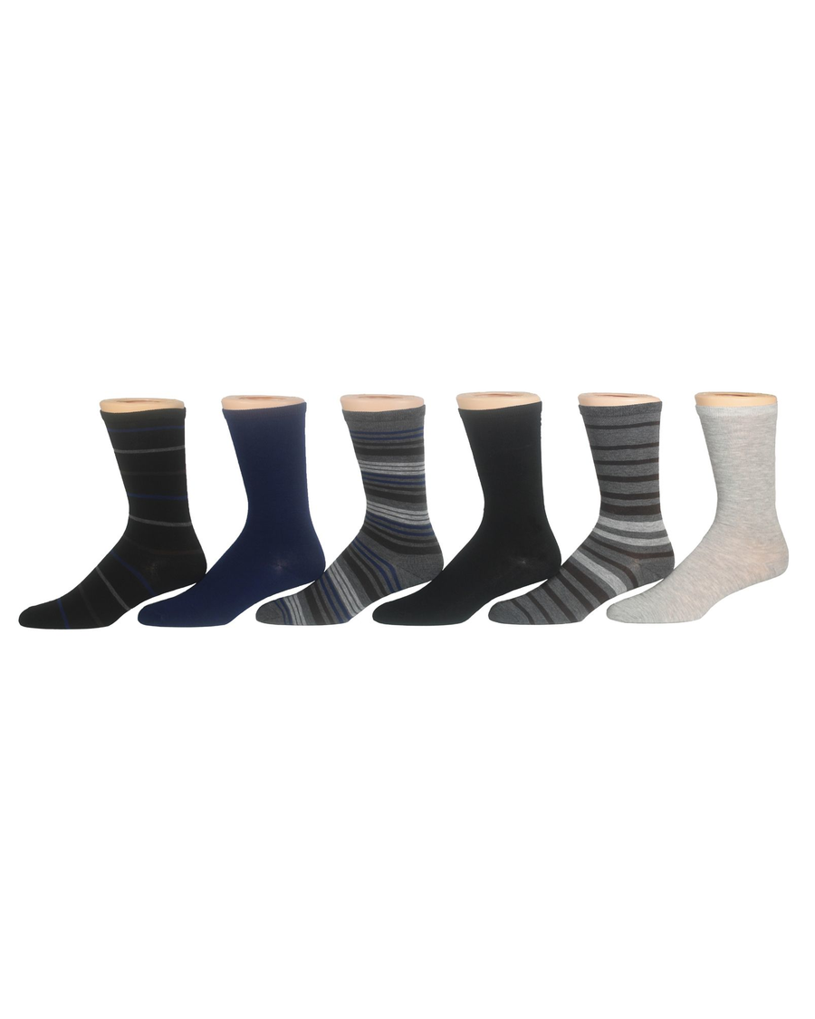 View of  Black/Blue/Grey Flat Knit Crew Socks with Embroidery, 6 Pack.