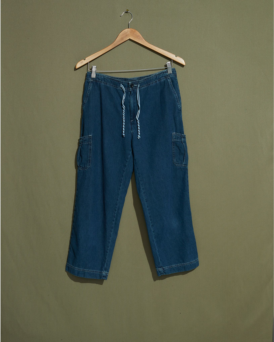 Front view of model wearing Blue Denim Cargo Pants with Draw String Waist - 28 x 22.