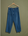 Front view of model wearing Blue Made in USA, Double Pleated Denim Pants - 31 x 26.