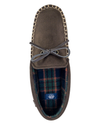 View of  Brown Microsuede Boater Moccasin Slippers.