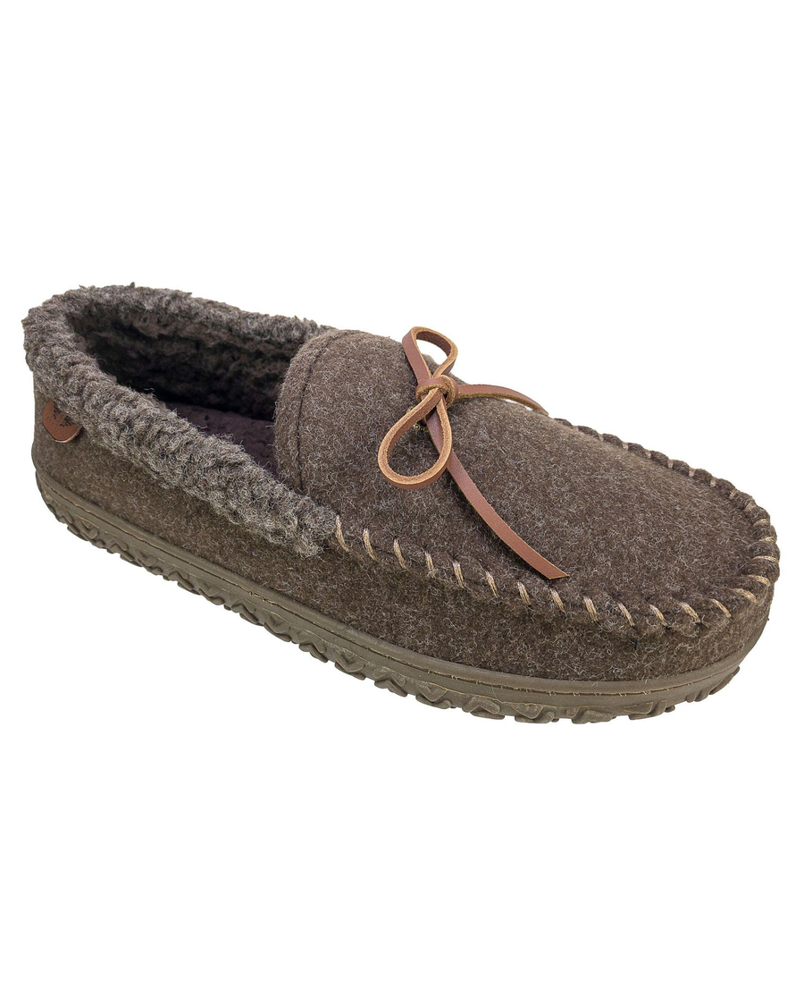 Front view of  Brown Rolled Collar Wool Moccasin Slippers.