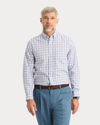 View of model wearing Burwell Signature Stain Defender Shirt, Classic Fit.