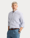 View of model wearing Burwell Signature Stain Defender Shirt, Classic Fit.