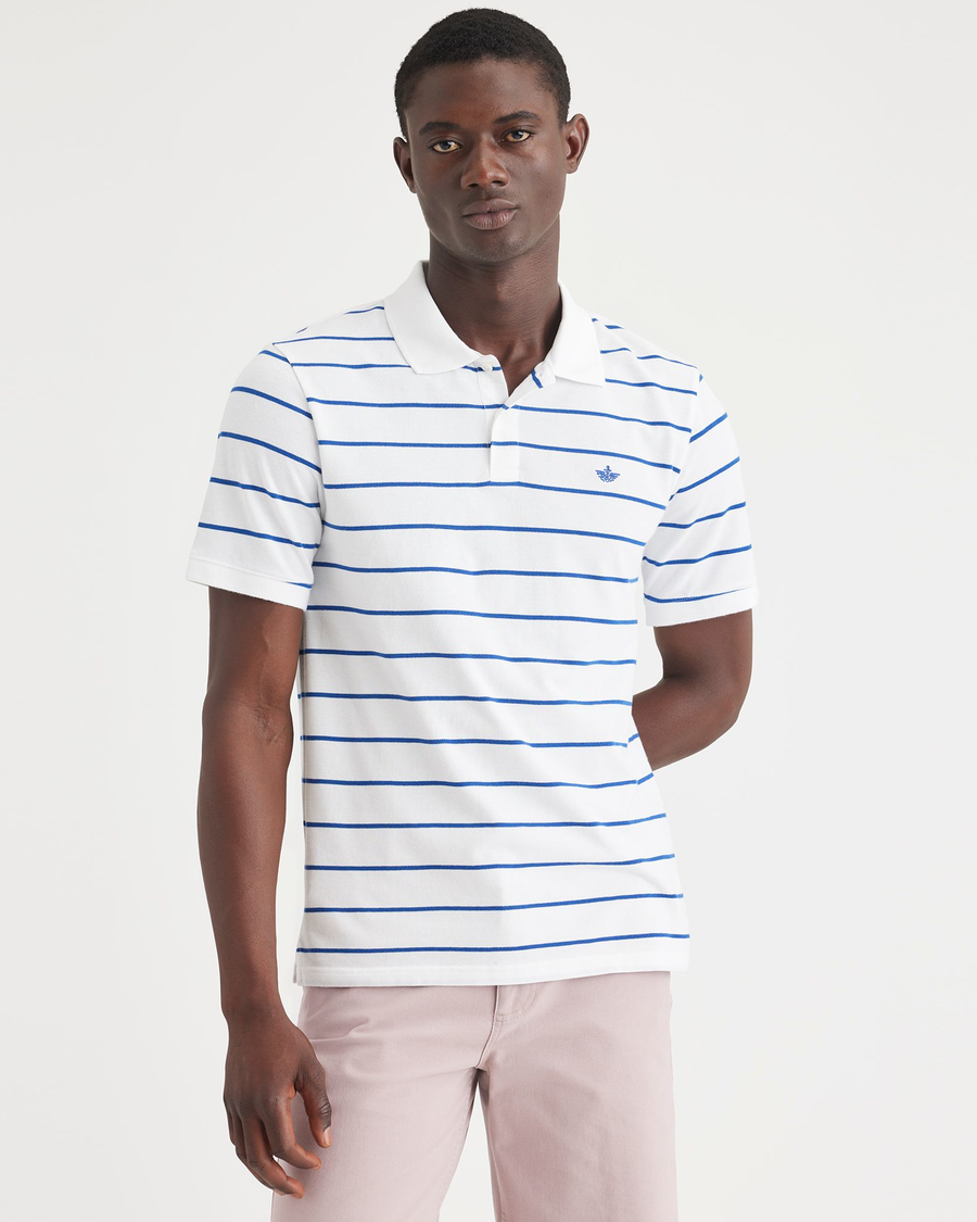 Front view of model wearing Caladium Lucent White Rib Collar Polo, Slim Fit.