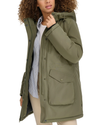 View of model wearing Camo Olive Hooded Parka.