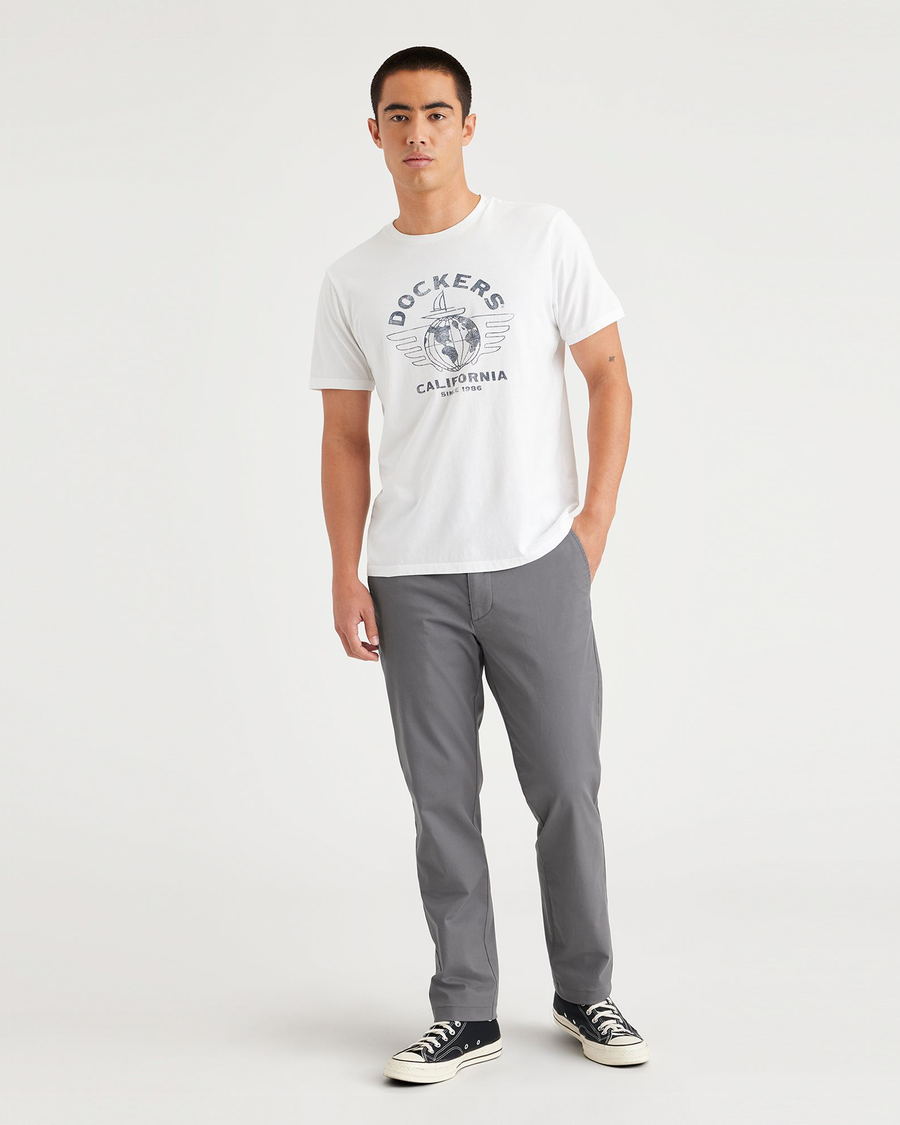 Front view of model wearing Car Park Grey Essential Chinos, Slim Fit.