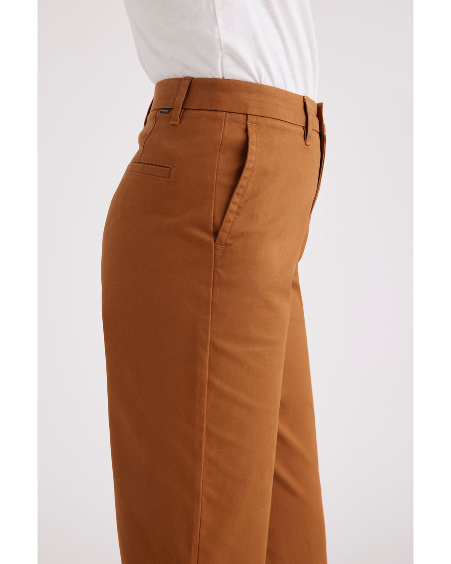 Side view of model wearing Caramel Cafe Weekend Chinos, High Straight Fit.