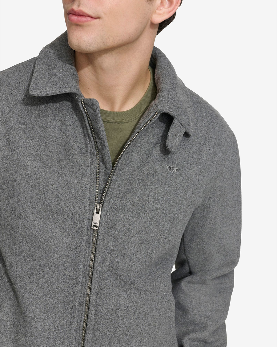 View of model wearing Charcoal Wool Blend Laydown Collar Bomber Jacket.