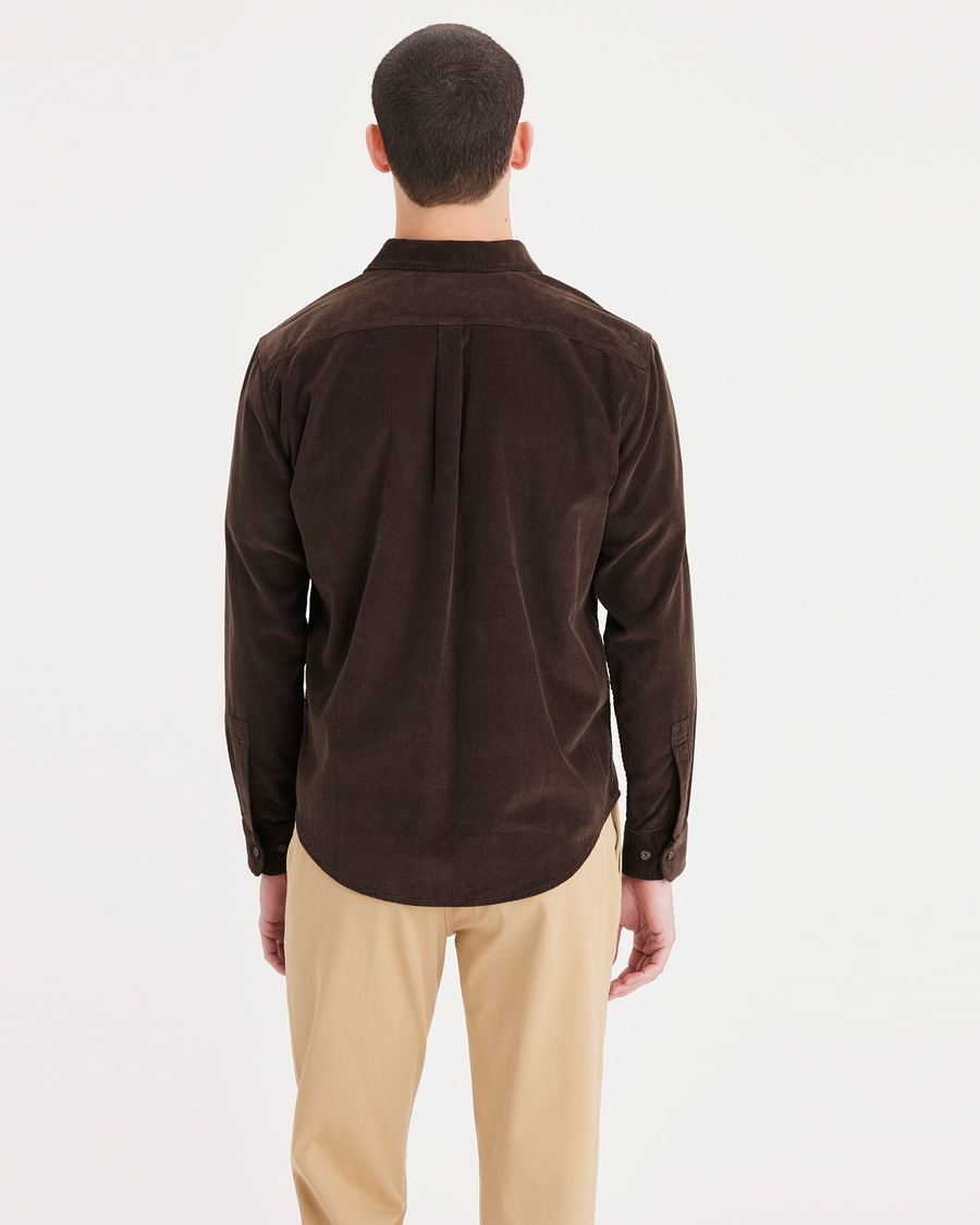 Back view of model wearing Coffee Bean Work Shirt, Regular Fit.