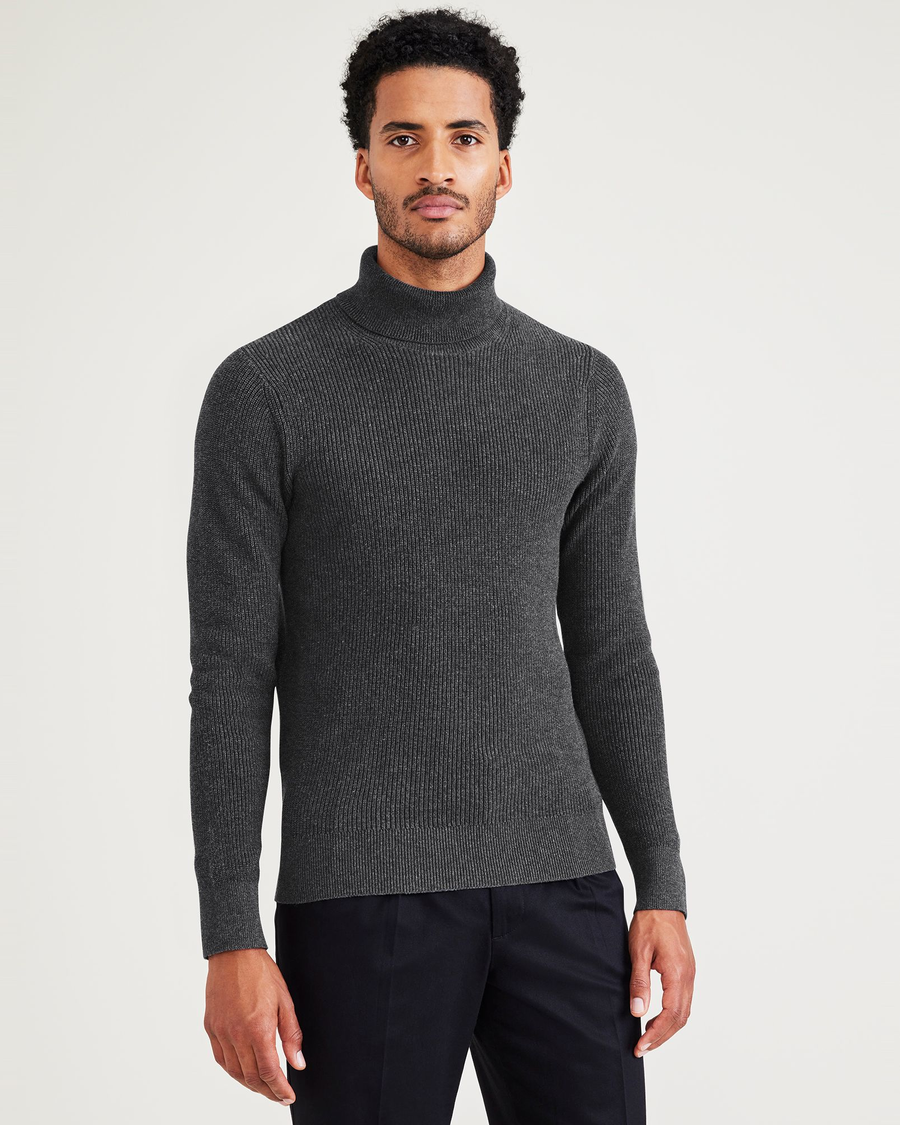 Front view of model wearing Dark Grey Heather Turtleneck Sweater, Regular Fit.