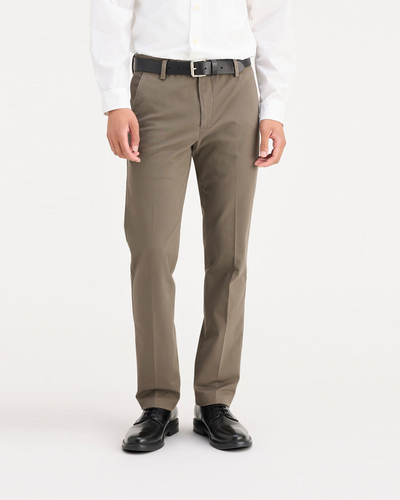Front view of model wearing Dark Pebble Workday Khakis, Slim Fit.