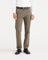 Front view of model wearing Dark Pebble Workday Khakis, Slim Fit.