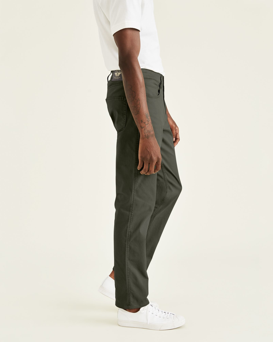 Side view of model wearing Deep Depths Jean Cut Pants, Straight Fit.