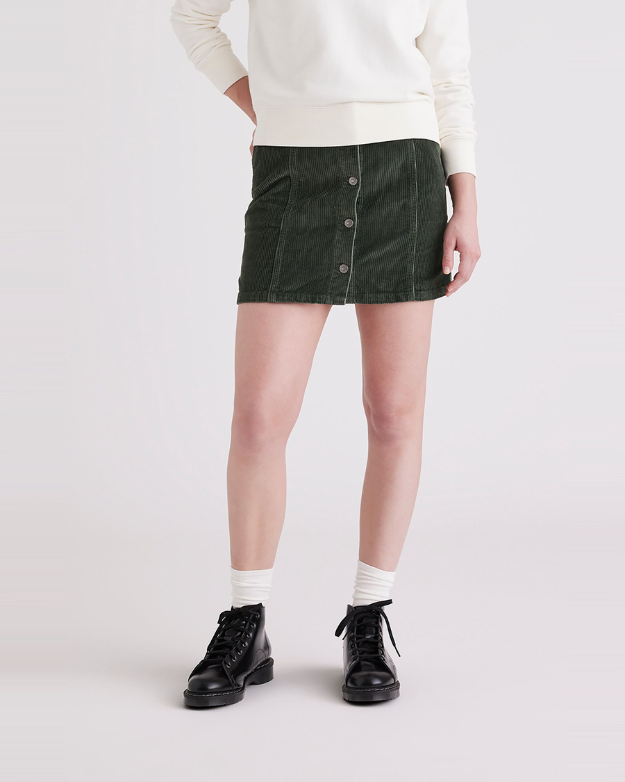 Front view of model wearing Deep Forest Button Front Mini Skirt.