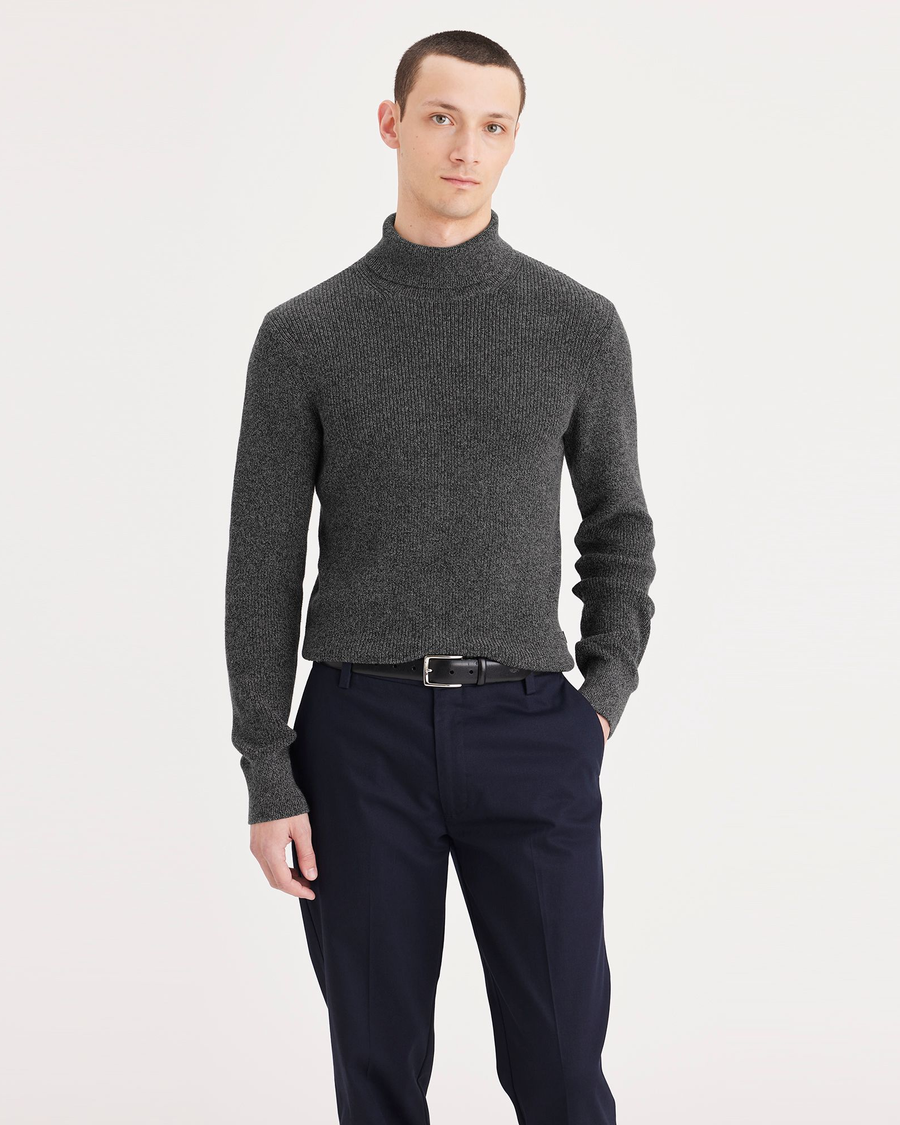 Front view of model wearing Deep Forest Turtleneck Sweater, Regular Fit.