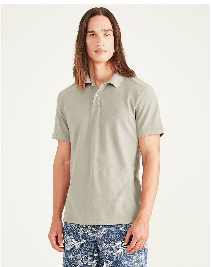 Front view of model wearing Forest Fog Rib Collar Polo, Slim Fit.