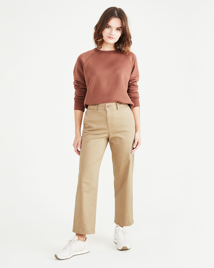 Front view of model wearing Harvest Gold Original Khakis, High Waisted, Straight Fit.