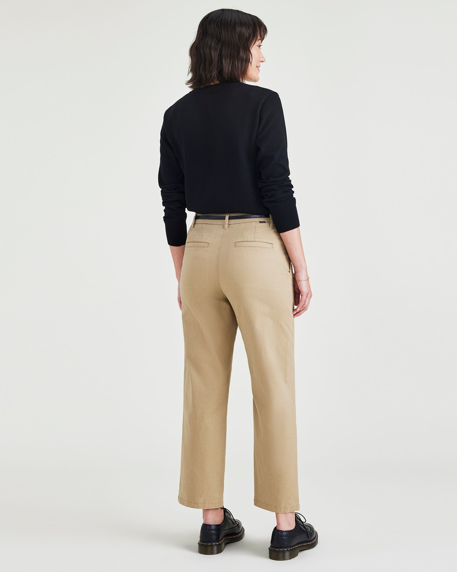 Back view of model wearing Harvest Gold Weekend Chinos, High Straight Fit.