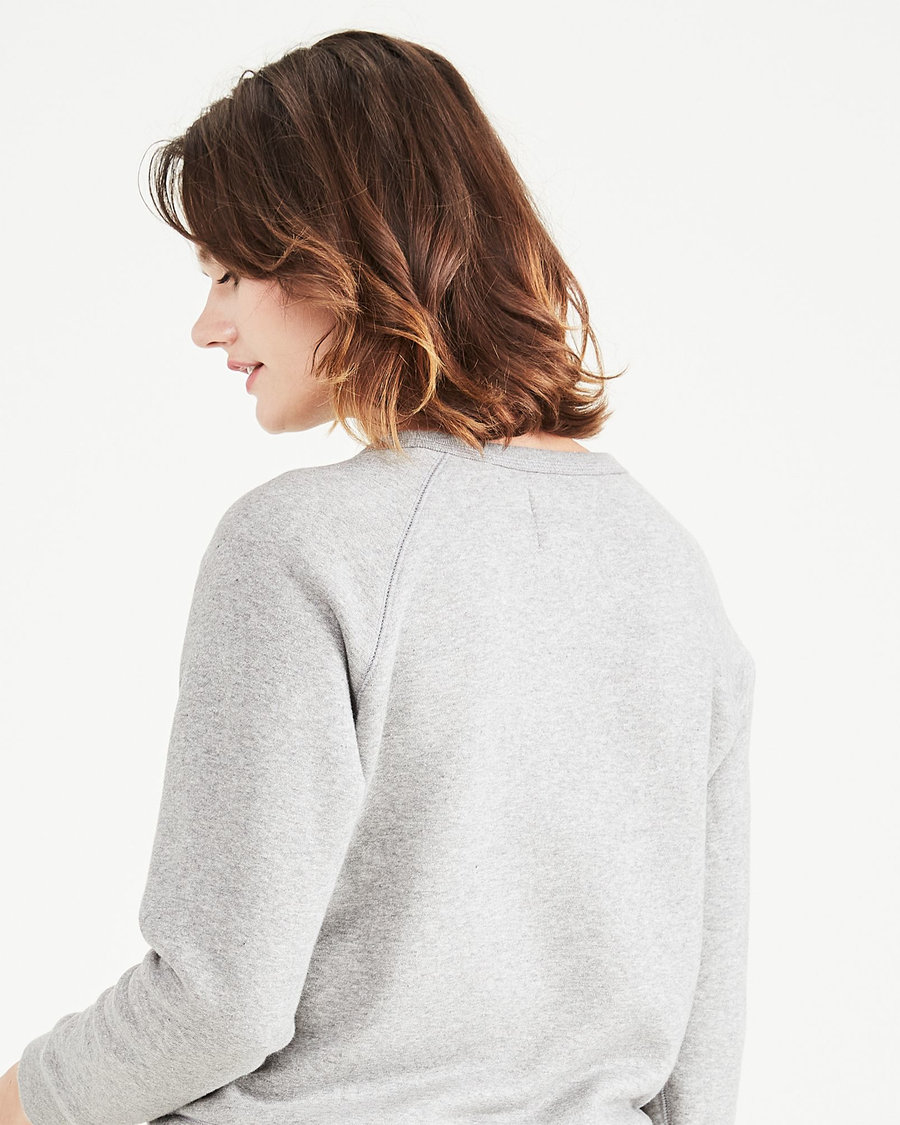 Back view of model wearing Heather Grey Crewneck Sweatshirt, Classic Fit.