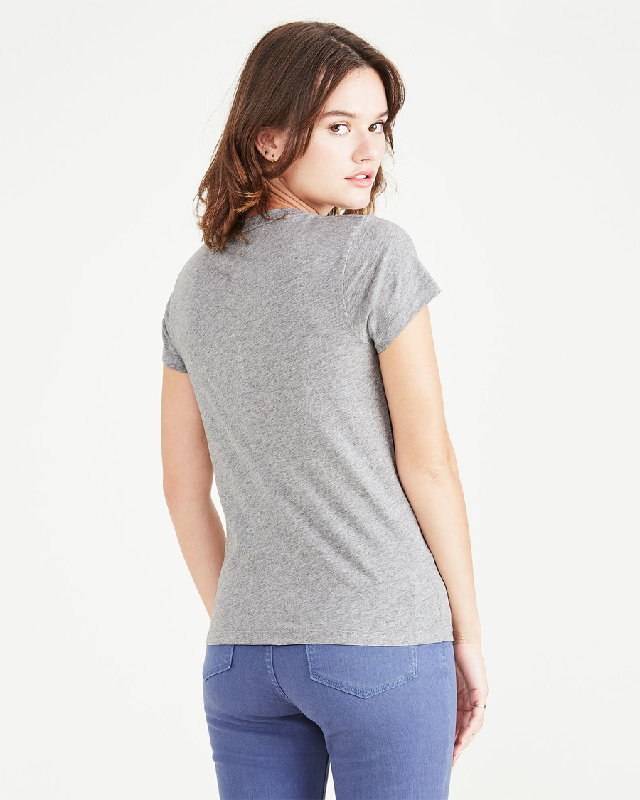 Back view of model wearing Heather Grey Favorite V-Neck Tee Shirt, Slim Fit.