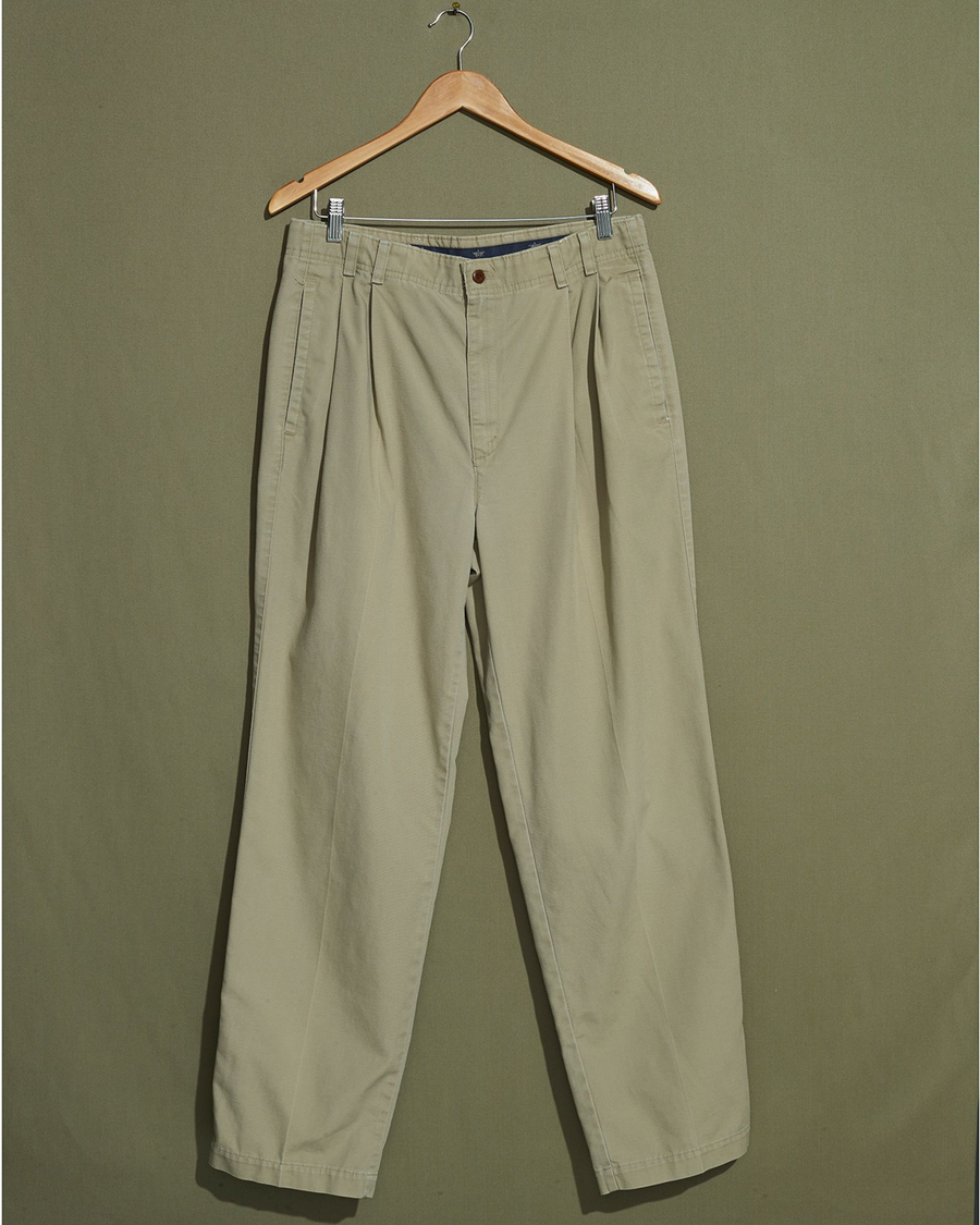 Front view of model wearing Khaki Made in USA, Double Pleated Khaki Pants - 32 x 31.