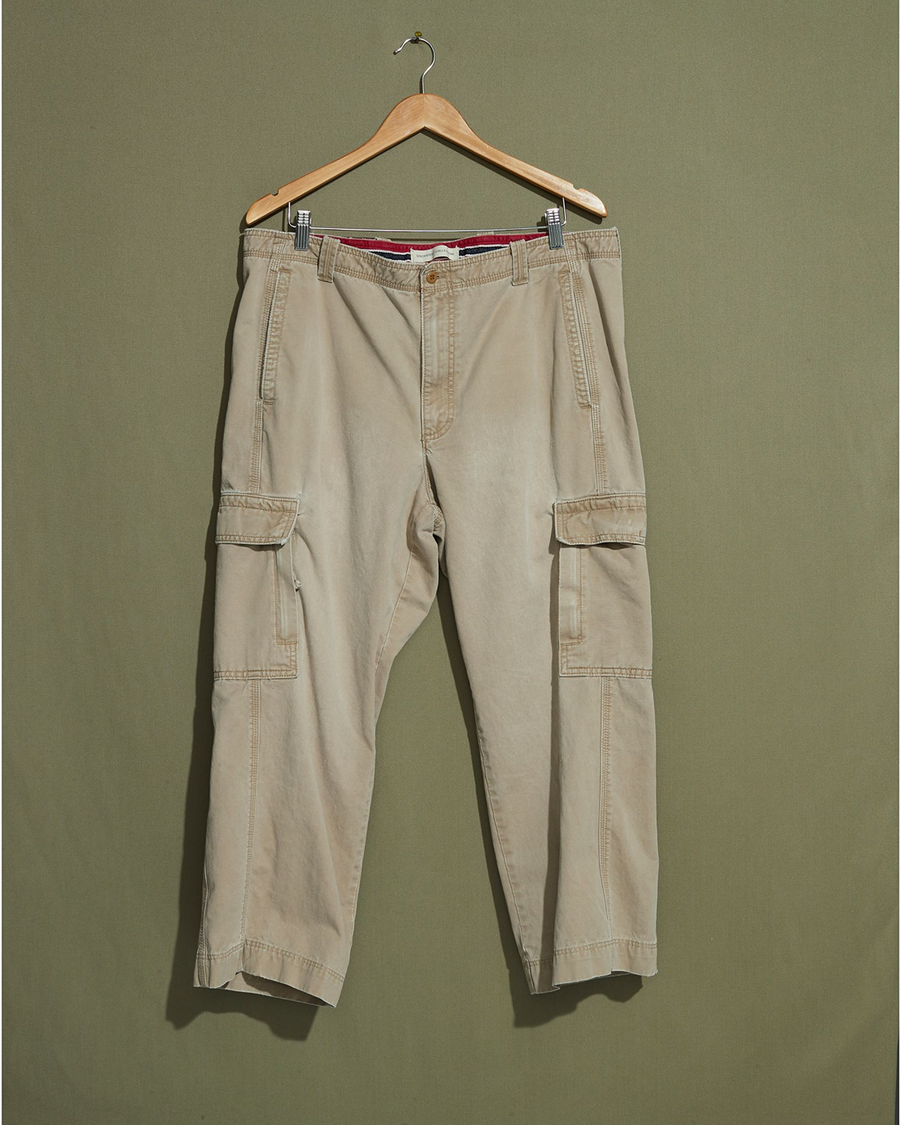 Front view of model wearing Khaki Tan Cargo Pants - 36 x 26.