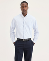 View of model wearing Lucent White Signature Stain Defender Shirt, Classic Fit.