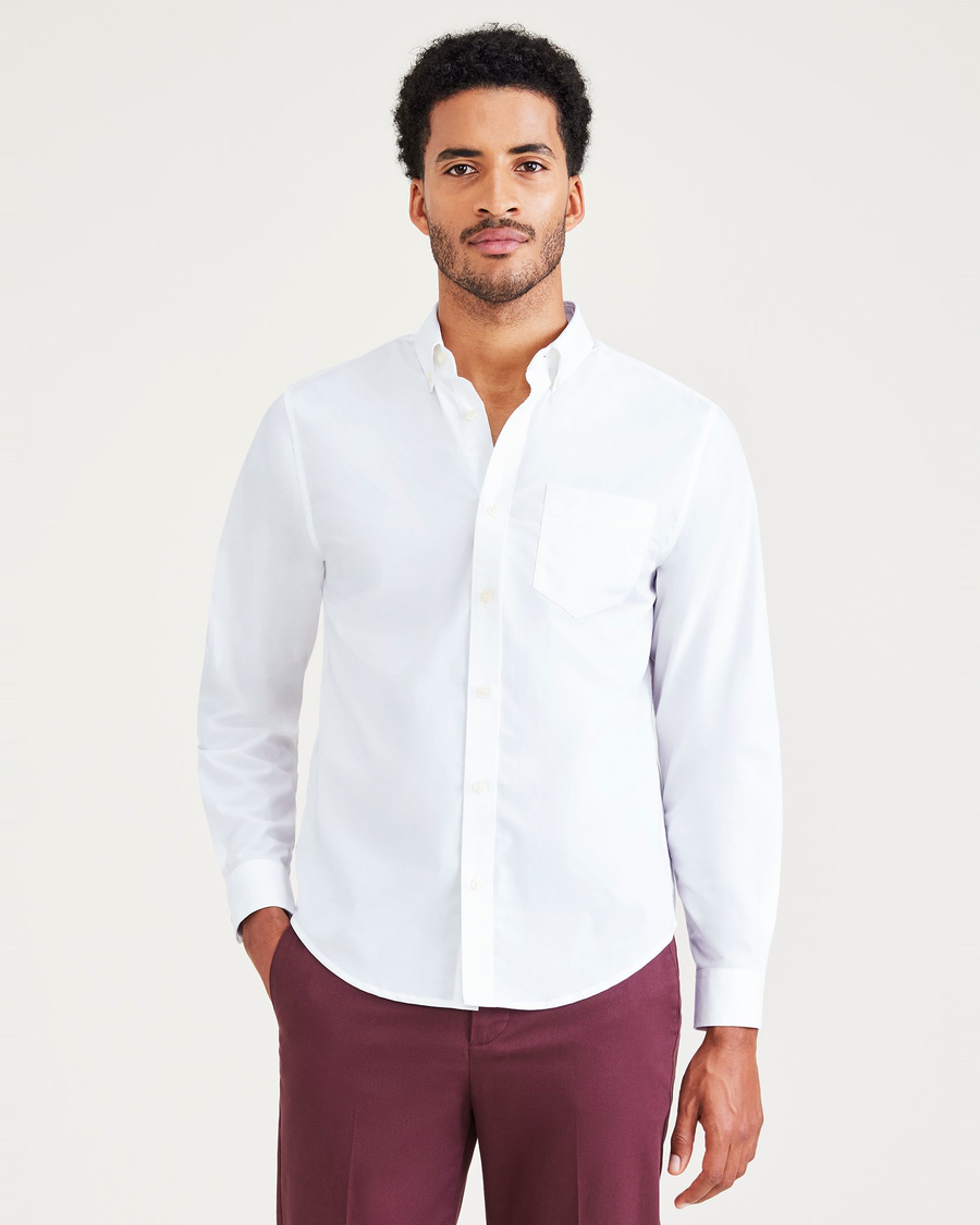 Front view of model wearing Lucent White Signature Stain Defender Shirt, Classic Fit.