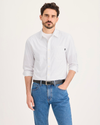 View of model wearing Lucent White Ultimate Shirt, Regular Fit.