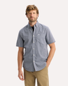View of model wearing Medieval Blue Signature Stain Defender Shirt, Classic Fit.