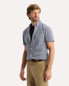 View of model wearing Medieval Blue Signature Stain Defender Shirt, Classic Fit.