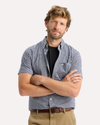View of model wearing Medieval Blue Signature Stain Defender Shirt, Classic Fit.
