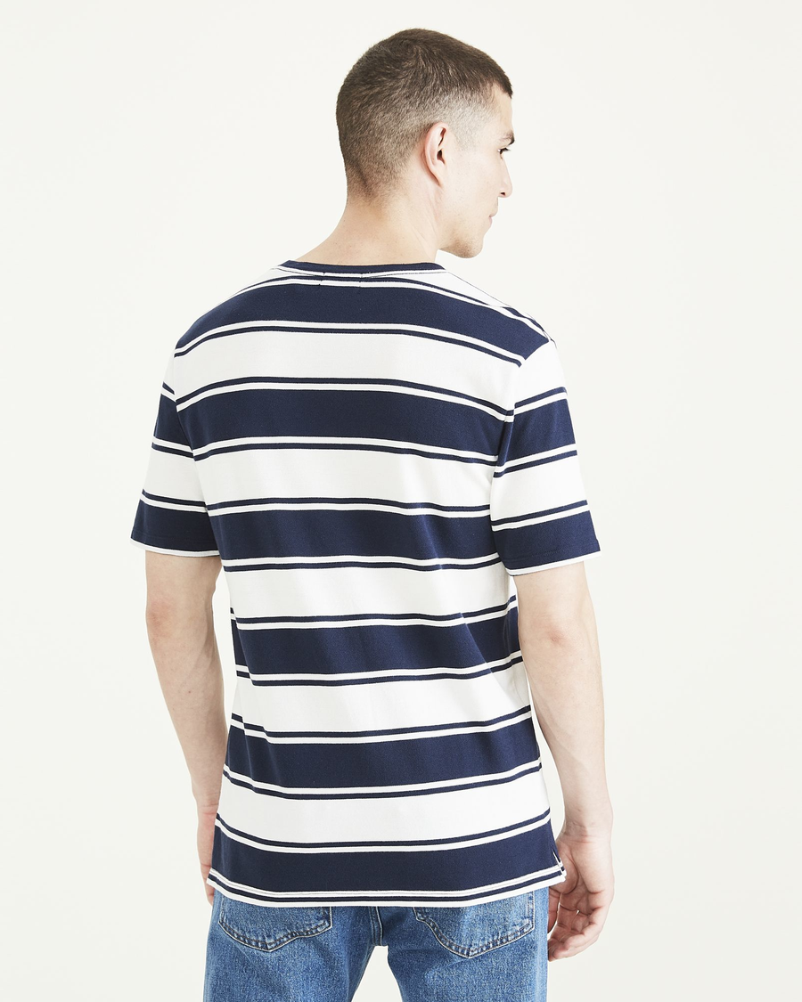 Back view of model wearing Montana Stripe Navy Blazer Deck Stripe Tee, Regular Fit.