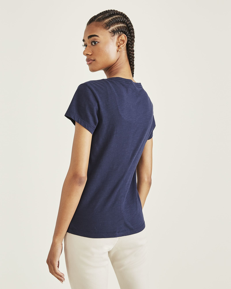 Back view of model wearing Navy Blazer Favorite V-Neck Tee Shirt, Slim Fit.