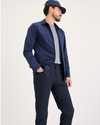 View of model wearing Navy Blazer Go Airweave Chino, Slim Tapered Fit.