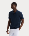 View of model wearing Navy Blazer Go Polo, Regular Fit.