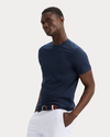 View of model wearing Navy Blazer Go Tee, Slim Fit.