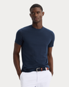 View of model wearing Navy Blazer Go Tee, Slim Fit.